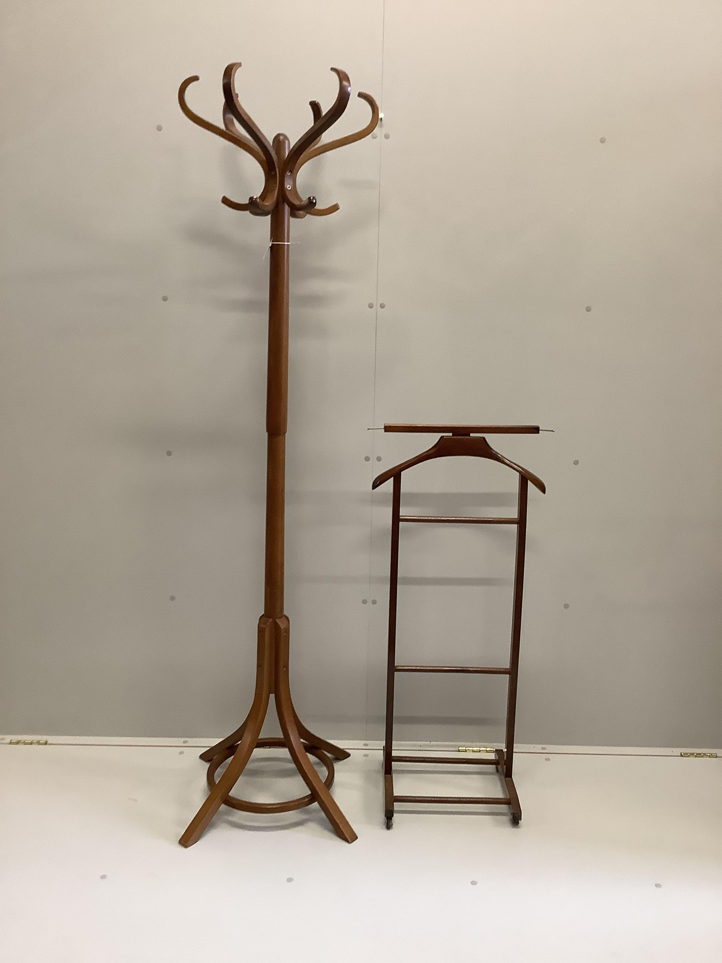 A beech bentwood coat stand, height 182cm together with a dumb valet